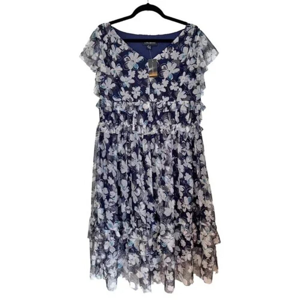 Lane Bryant Flowy Romantic Blue Floral Tulle Tiered Ruffle Dress 22/24 Midi